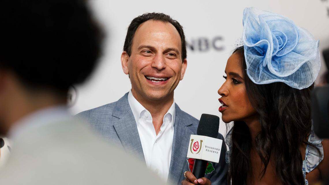 Lousiville Mayor Craig Greenberg smiles while talking to media at the Kentucky Derby Red Carpet on Saturday, May 3, 2025, at Churchill Downs in Louisville, Kentucky.