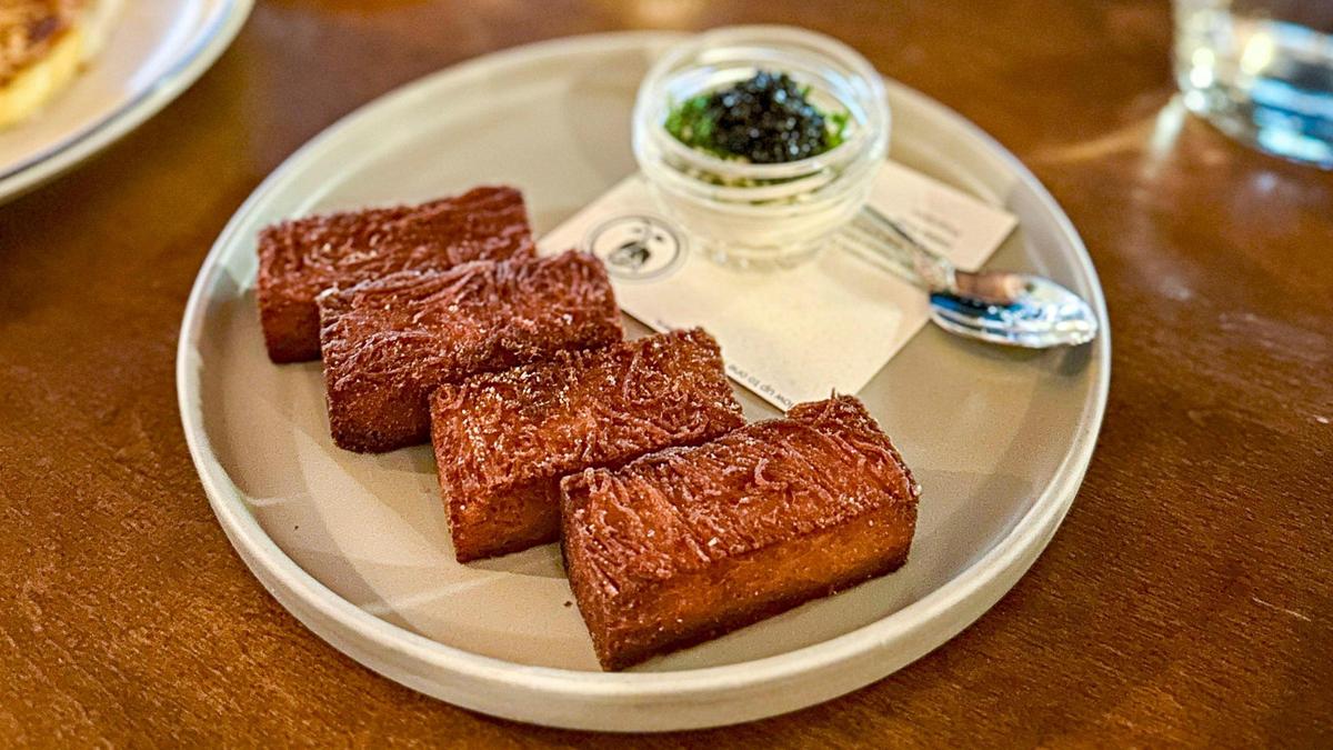 Mileta’s popular crispy potato bites first course with cultured cream and hackleback sturgeon caviar ($25). It’s a three-day process to make the appetizer with russet potatoes going through a Japanese spiralizer, heavy cream, baking, compressing the mixture overnight with a heavy pan, freezing and frying before serving.​