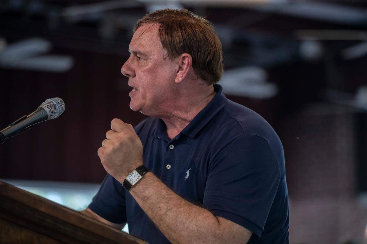 Mark Metcalf, Republican candidate for treasurer, speaks during the Fancy Farm picnic in Fancy Farm, Ky., on Saturday, Aug. 5, 2023.