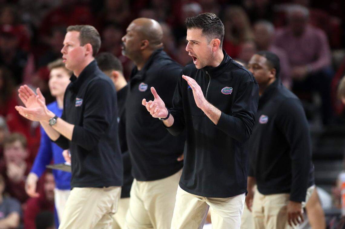 Feb 18, 2023; Fayetteville, Arkansas, USA; Florida Gators head coach Todd Golden during the game against the Arkansas Razorbacks at Bud Walton Arena. Arkansas won 84-65. Mandatory Credit: Nelson Chenault-USA TODAY Sports