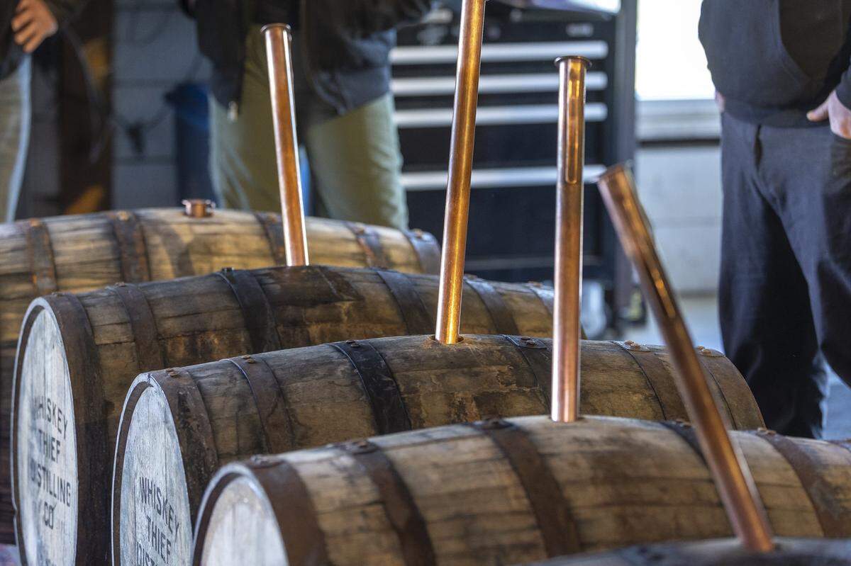 Visitors can thrive their own pour straight from the barrels at Whiskey Thief Distilling Co. in Frankfort, Ky., on Thursday, May 7, 2026.