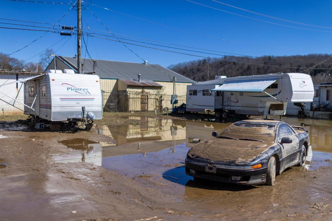 Almost all of the trailers at the CambellÕs Trailer Park were damaged beyond repair in downtown Beattyville, Ky, Wednesday, March 3, 2021. According to Lee County search and rescue member Tyler Phillips close to 60 people have been displaced from their homes by the flooding in Beattyville.