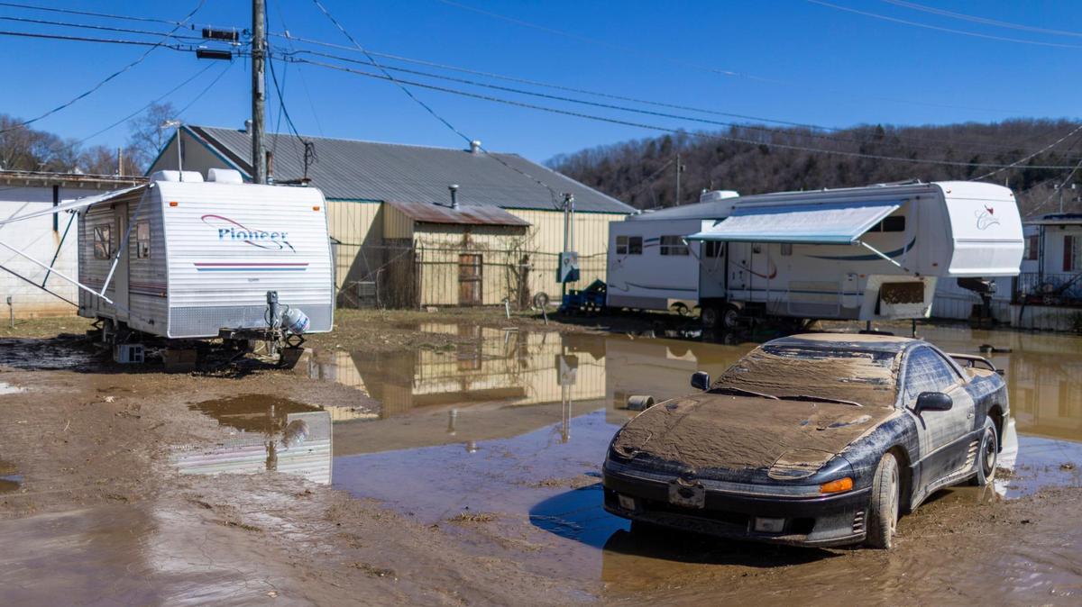 Almost all of the trailers at the Cambell’s Trailer Park were damaged beyond repair in downtown Beattyville, Ky, Wednesday, March 3, 2021. According to Lee County search and rescue member Tyler Phillips close to 60 people have been displaced from their homes by the flooding in Beattyville.