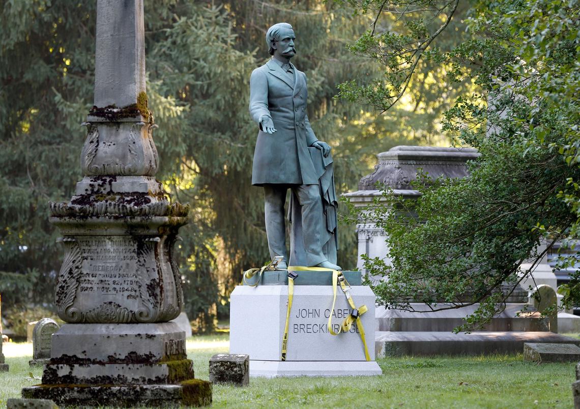 The controversial statues of Confederate figures John C. Breckinridge, seen here, and John Hunt Morgan have been relocated to the Lexington Cemetery. They were removed from the lawn of the old Fayette County Courthouse in October 2017. The Morgan statue has been placed in the Confederate section of the cemetery while Breckinridge’s statue was placed in the Breckinridge family burial area in section G.