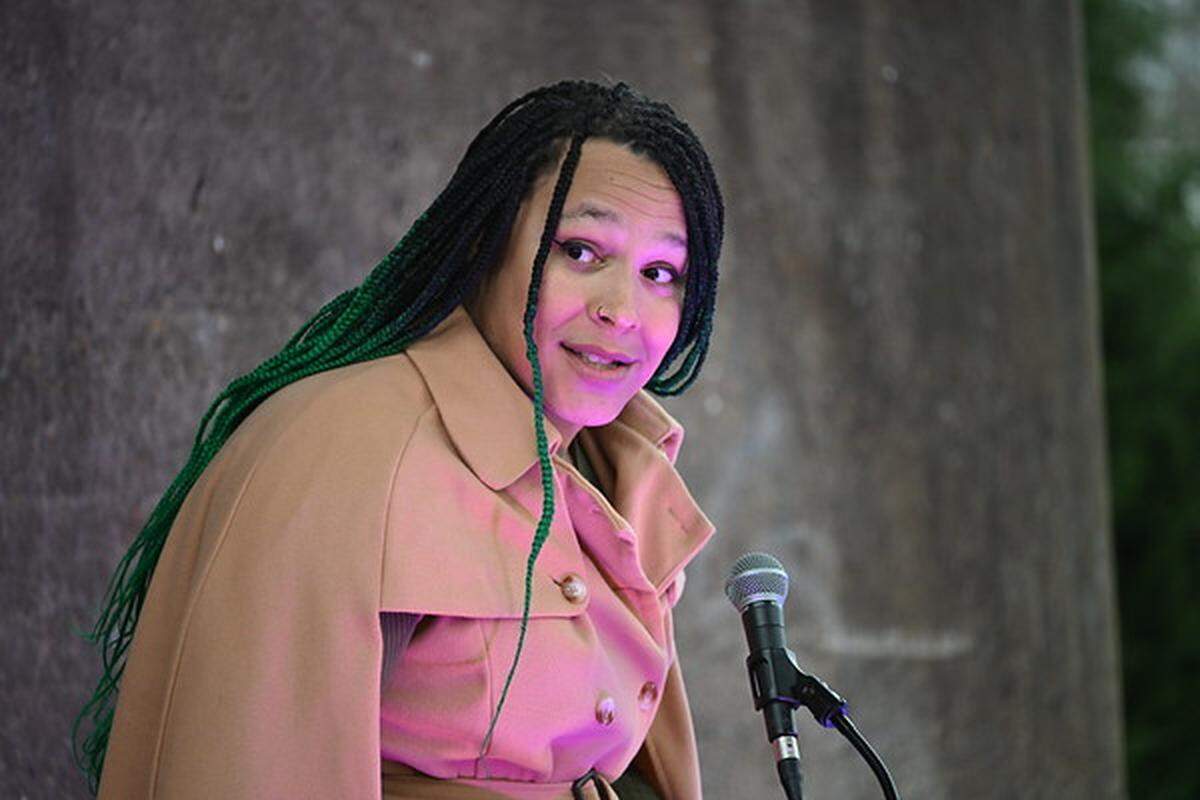 Carma Bell Marshall speaks at a Trans Day of Visibility rally in Louisville on March 31.