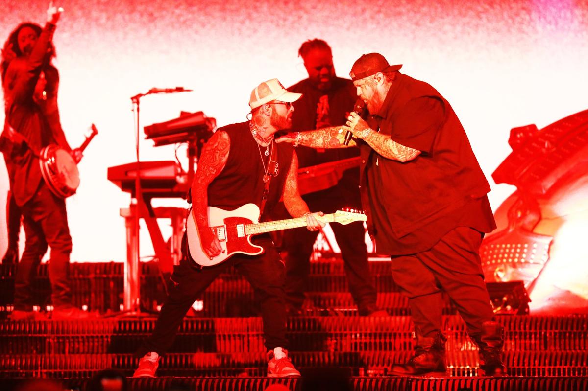Singer, rapper, and songwriter Jelly Roll performs at Rupp Arena on November 8, 2024, in Lexington, Ky.