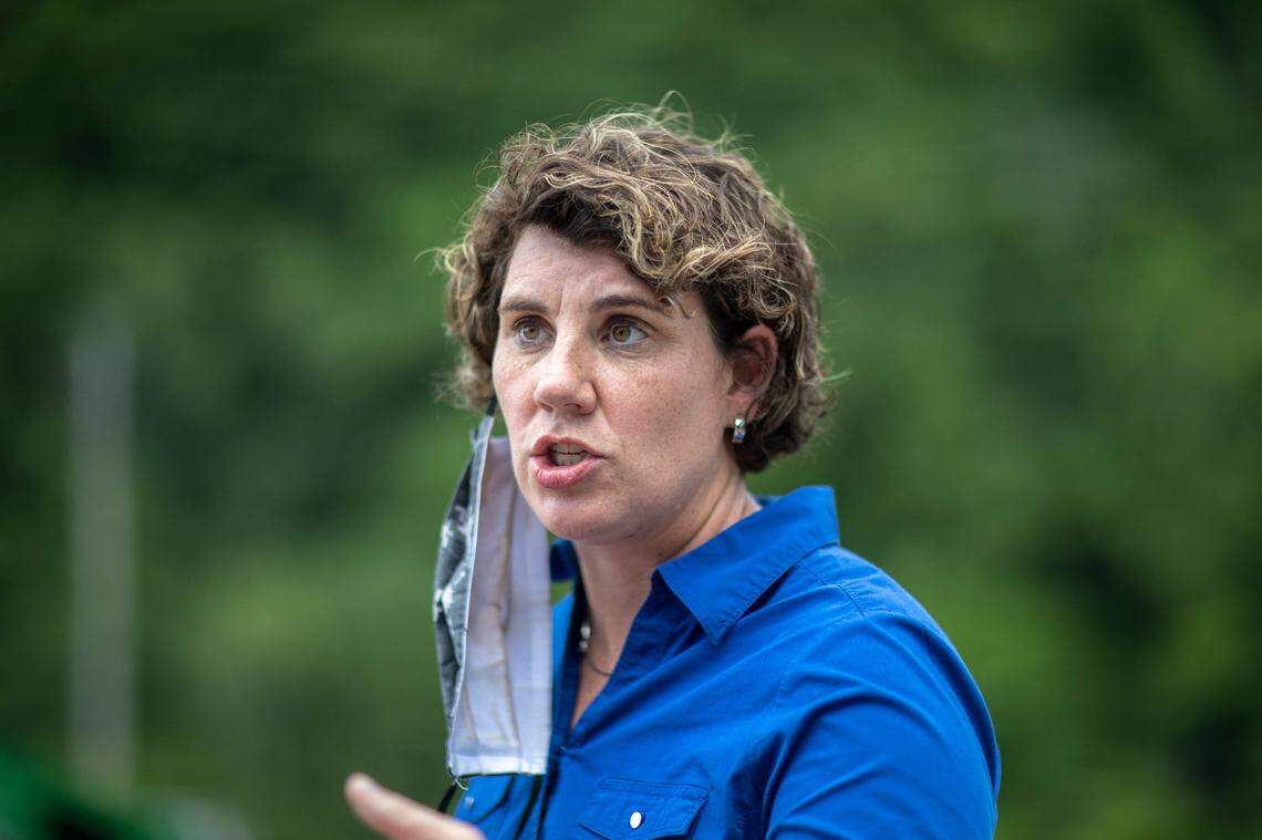 U.S. Senate candidate Amy McGrath speaks to members of the media after a visit to Thankful Hearts Food Pantry in Pikeville, Ky., on Monday, June 22, 2020.