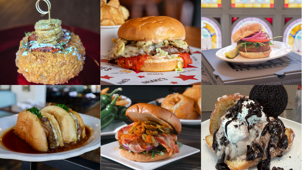Lexington Burger Week returns from July 6 through July 12, 2026, featuring 44 off-menu options. From top left: Chef D’s Barrel-Rific burger from Barrel 53, Fireworks Burger from Drake’s, Hamburger Mediterraneo from Joe Bologna’s, Whiskey Burger from Honeywood, Sweet Sting Burger from LexLive and the Oreo Overload Burger from Crank & Boom.