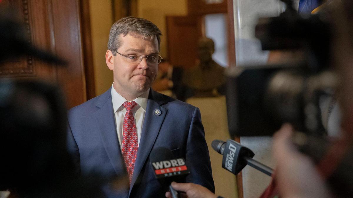 S. Chad Meredith, Kentucky solicitor general, spoke to members of the media after making arguments before the Kentucky Supreme Court at the state Capitol in Frankfort, Ky., on June 10, 2021. The state’s highest court heard arguments in a case that will decide whether the state legislature can limit Beshear’s emergency powers.