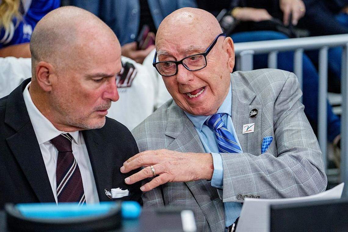 CHARLOTTE, NORTH CAROLINA - NOVEMBER 04: (R-L) TV sportscaster Dick Vitale (R) talks with college basketball analyst Jay Bilas before the game between the Duke Blue Devils and the Texas Longhorns at Spectrum Center on November 04, 2025 in Charlotte, North Carolina. (Photo by Jacob Kupferman/Getty Images)