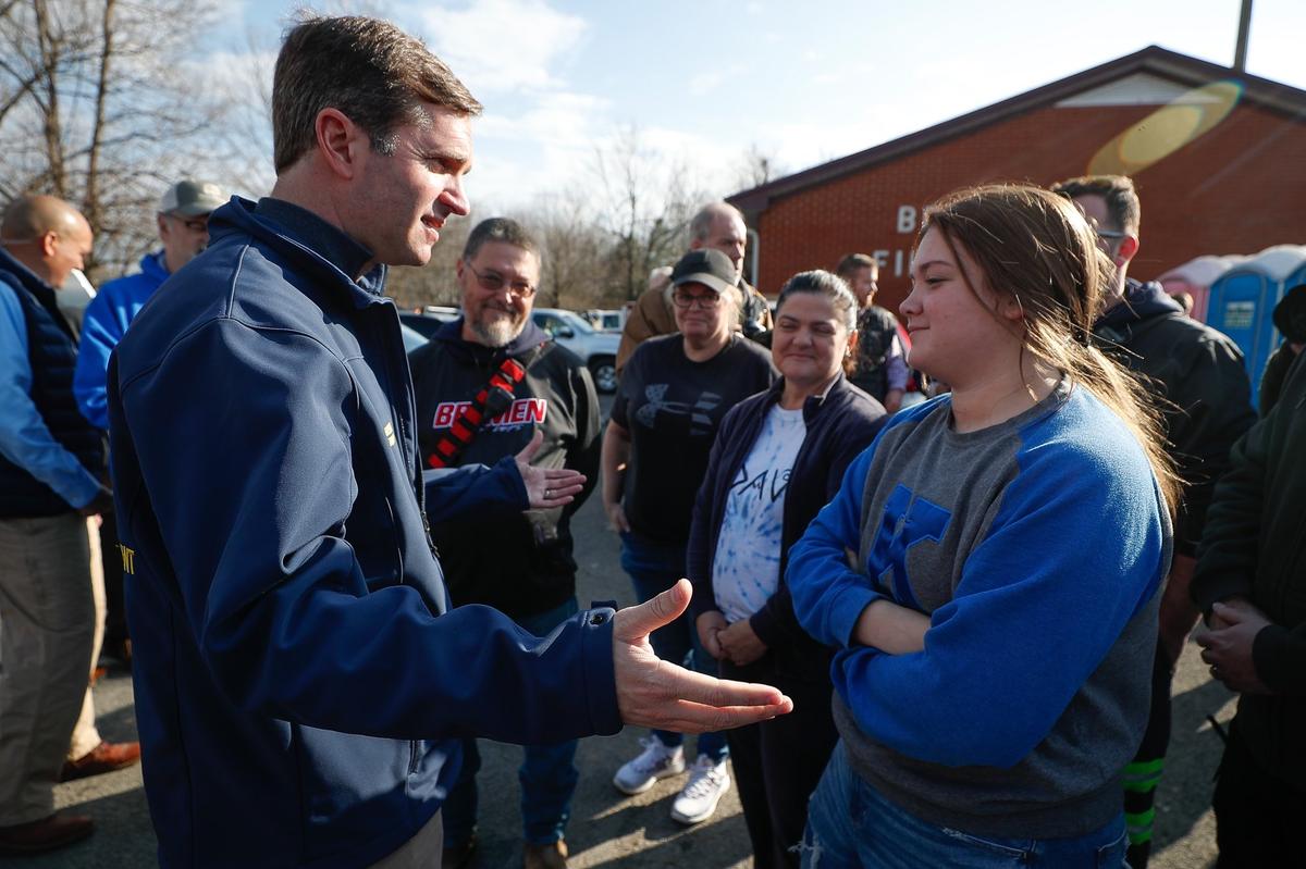 Gov. Andy Beshear on Tuesday visited the hard-hit town of Bremen and met with city officials at the Bremen Fire Department.