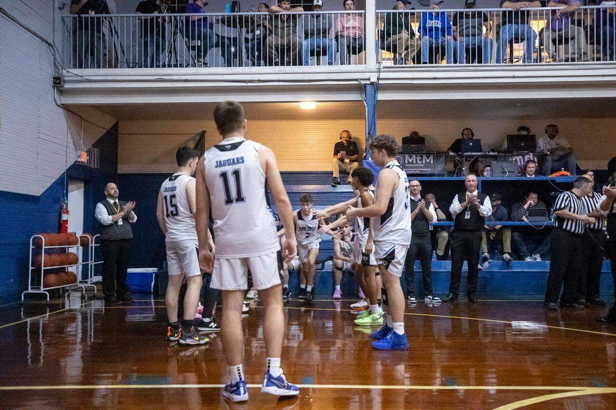 Floyd Central’s Dawson Moore (2) is introduced before a game against Lyon County at Wayland Gymnasium at the Mountain Sports Hall of Fame on Saturday.
