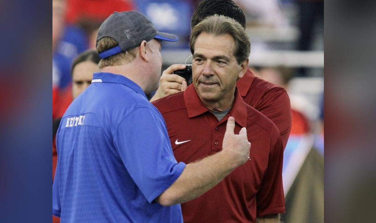 Alabama football coach Nick Saban (Crimson Tide head man since 2007), right, and Kentucky coach Mark Stoops (Wildcats head man since 2013) are the two longest-tenured coaches in the Southeastern Conference.