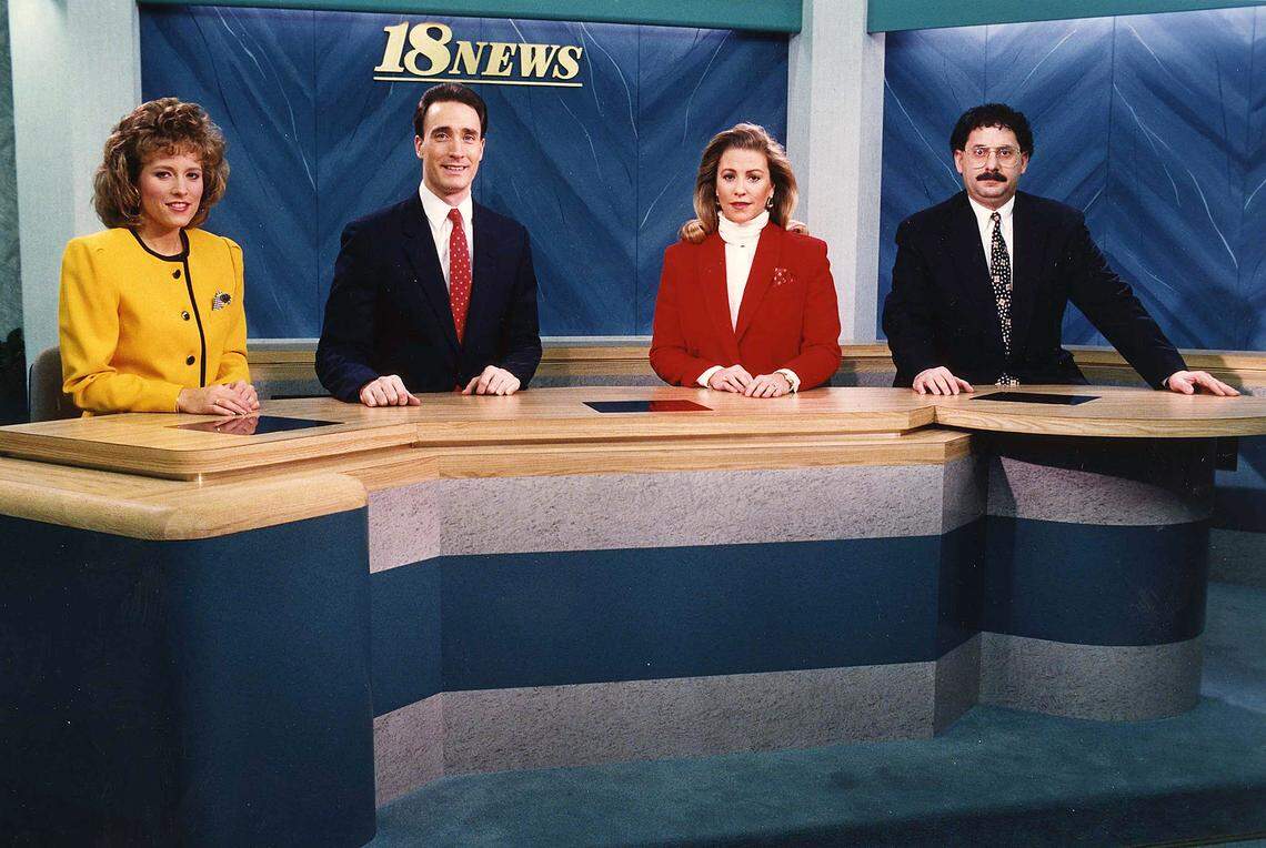 WLEX-TV (Channel 18) broadcasters, February 1993, from left: meteorologist Diane Kacmarik; anchor Tom Kenny; anchor Mindy Shannon; sportscaster Alan Cutler. 