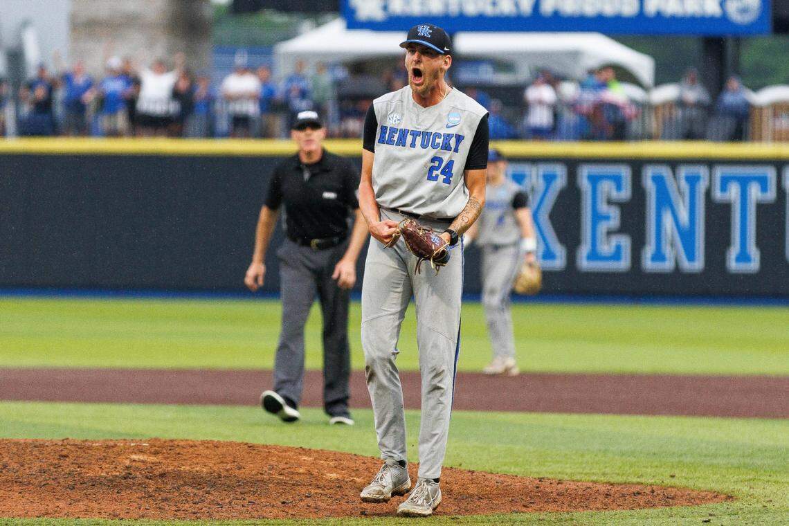 Jun 1, 2024; Lexington, KY, USA; Kentucky Wildcats pitcher Ryan Hagenow (24) celebrates after winning against the Illinois Fighting Illini at Kentucky Proud Park. Mandatory Credit: Jordan Prather-USA TODAY Sports