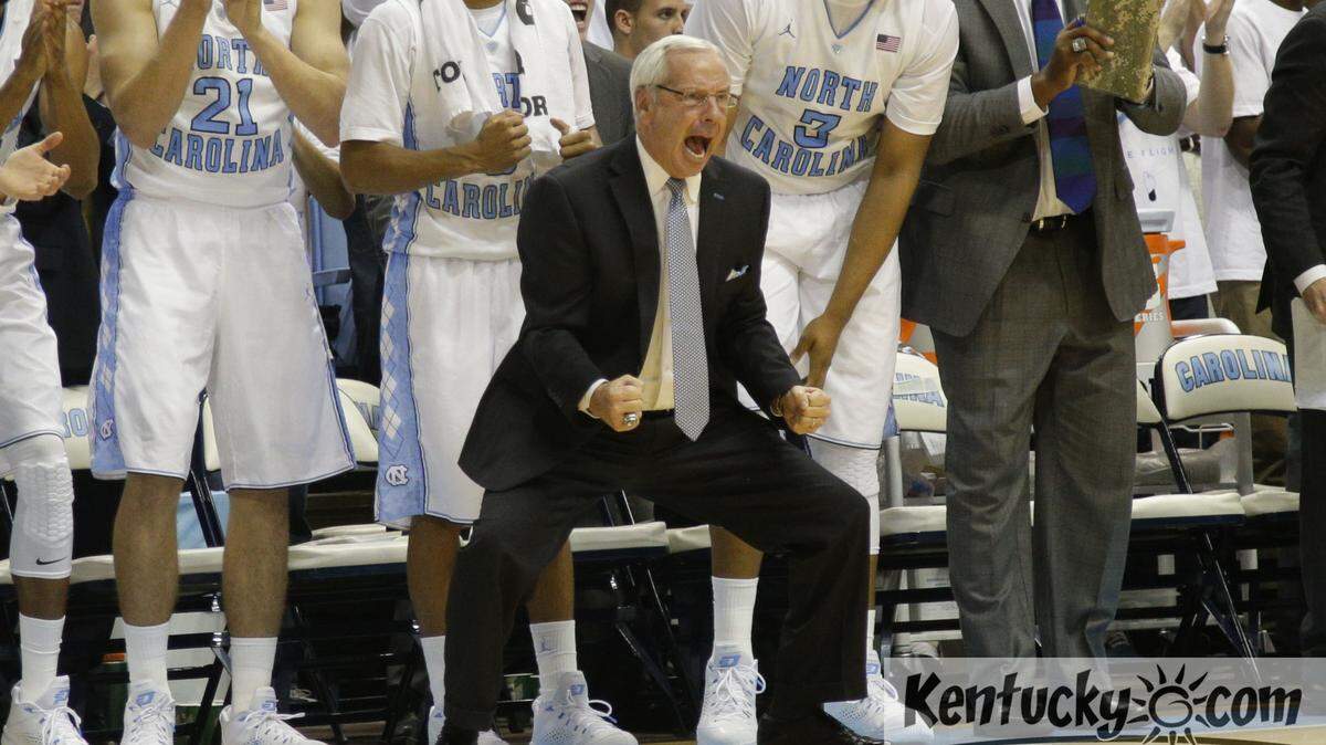 North Carolina Tar Heels head coach Roy Williams was loving an N.C. run in the first half  as #11 Kentucky played #18 North Carolina  on Saturday December 14, 2013 in  Chapel Hill, NC.  Photos by Mark Cornelison | Staff