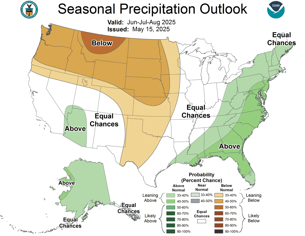 A seasonal outlook from the nation’s Climate Prediction Center shows chances for above and below normal rainfall between June and August 2025. The eastern half of Kentucky is leaning toward above normal chances (33 to 40% chance) while the rest of the state has equal chances of below or above normal precipitation. The outlook is current as of May 15, 2025