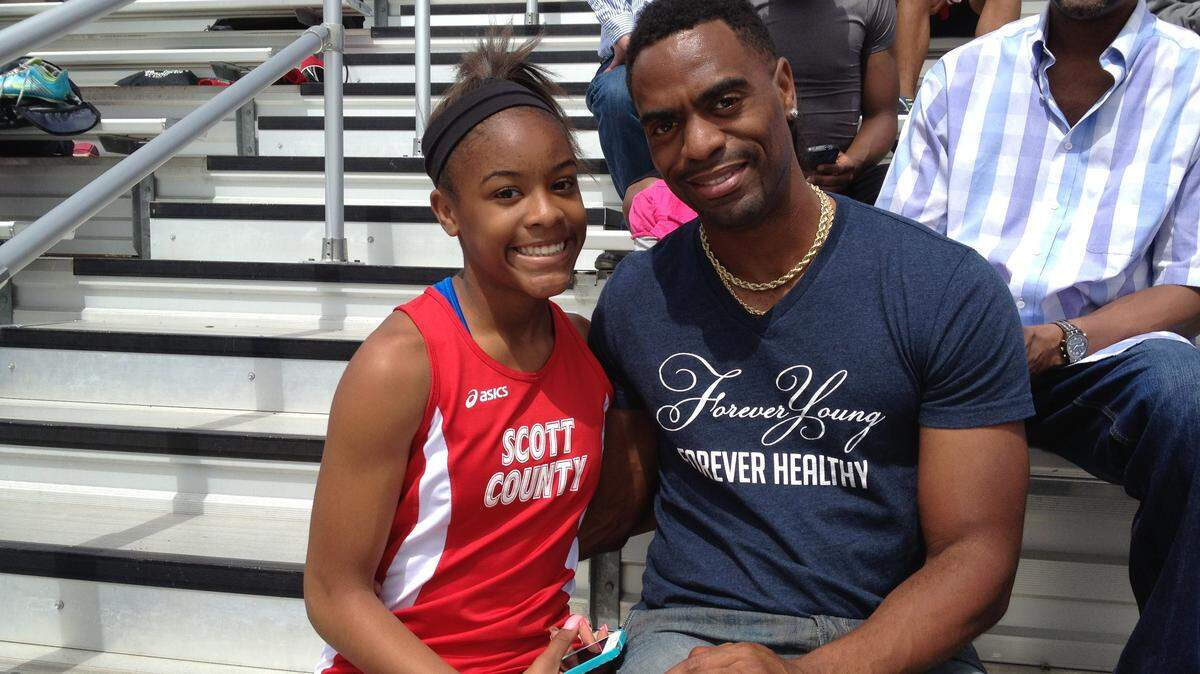 Trinity Gay, a Scott County seventh-grader racing for her high school team, won the 100 meters and was part of the winning 4-by-100 and 4-by-200 relays at the meet named for her dad, Tyson Gay.