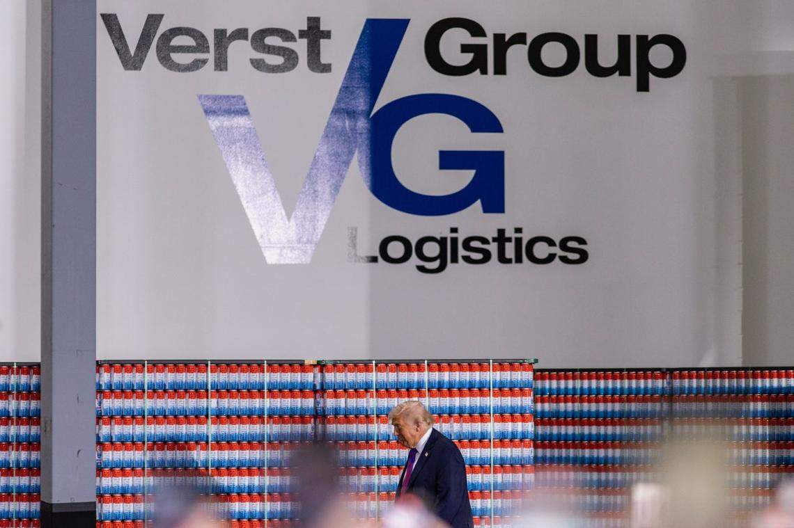 President Donald Trump walks on stage during his visit to Verst Logistics in Hebron, Kentucky, on Wednesday, March 11, 2026.