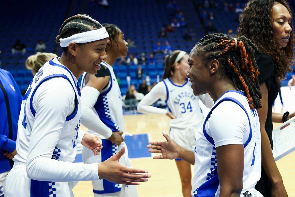 Zennia Thomas, left, and Saniah Tyler, both of whom played sparingly last season, were in Kentucky’s new-look starting lineup for Wednesday’s exhibition win over Kentucky State.