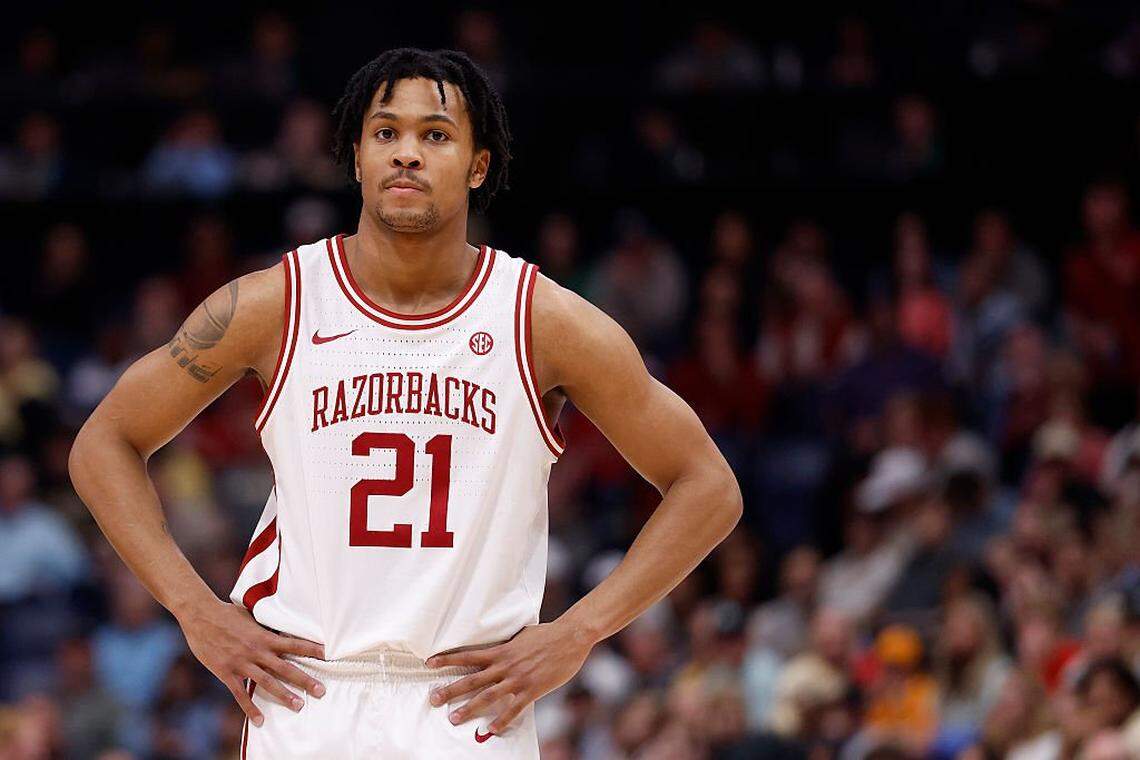 NASHVILLE, TENNESSEE - MARCH 15: D.J. Wagner #21 of the Arkansas Razorbacks looks on during the second half of 2026 SEC Men's Basketball Tournament Championship game against the Vanderbilt Commodores at Bridgestone Arena on March 15, 2026 in Nashville, Tennessee. (Photo by Johnnie Izquierdo/Getty Images)