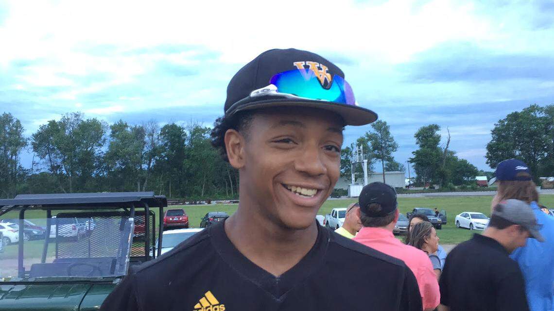 Skyelar Johnson, a sophomore and the son of former UK star Dennis Johnson, hit a go-ahead RBI triple and scored a run for Woodford County in its 3-1 victory over Lexington Catholic in the first round of the 11th Region tournament on Tuesday, May 29, 2018.