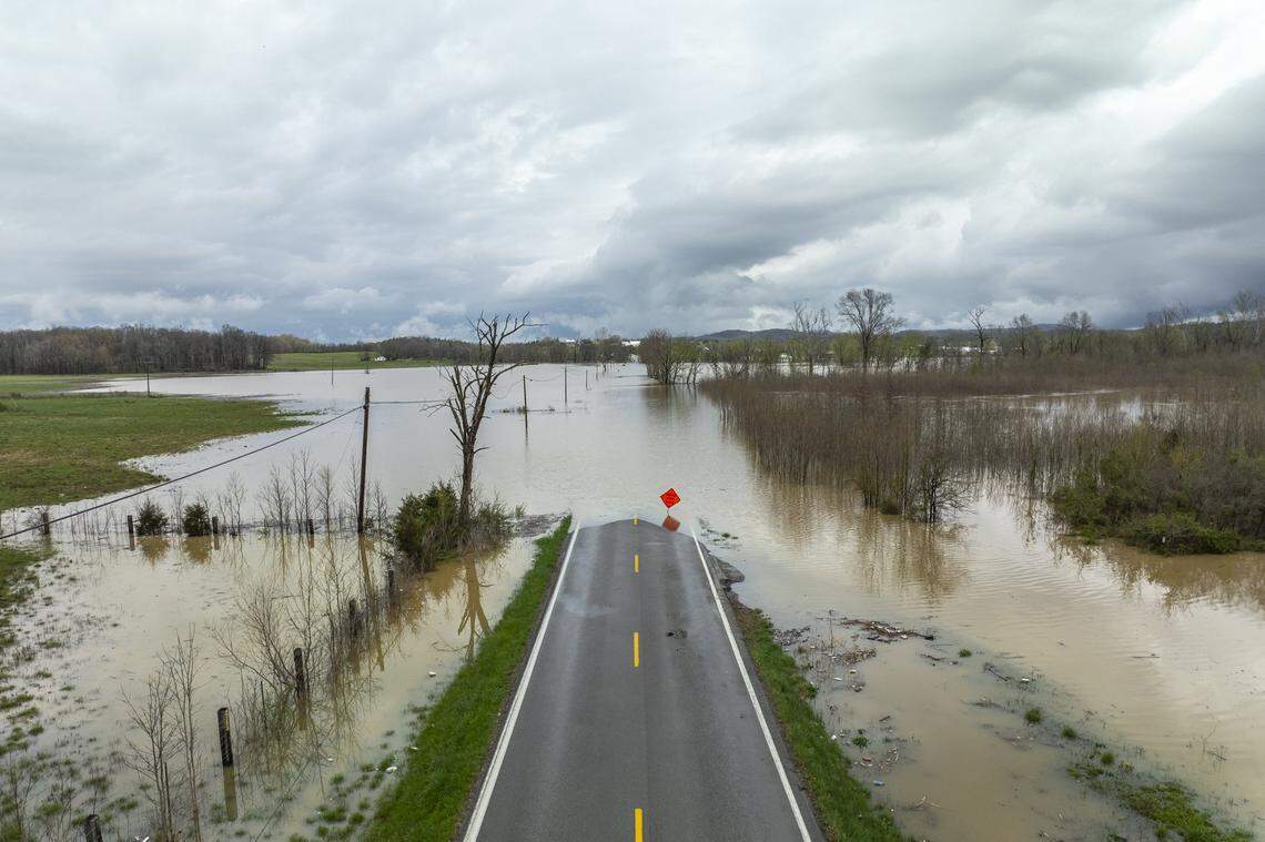 Water floods Kentucky Route 39 near Crab Orchard in Lincoln County, Ky., on Friday, April 4, 2025.