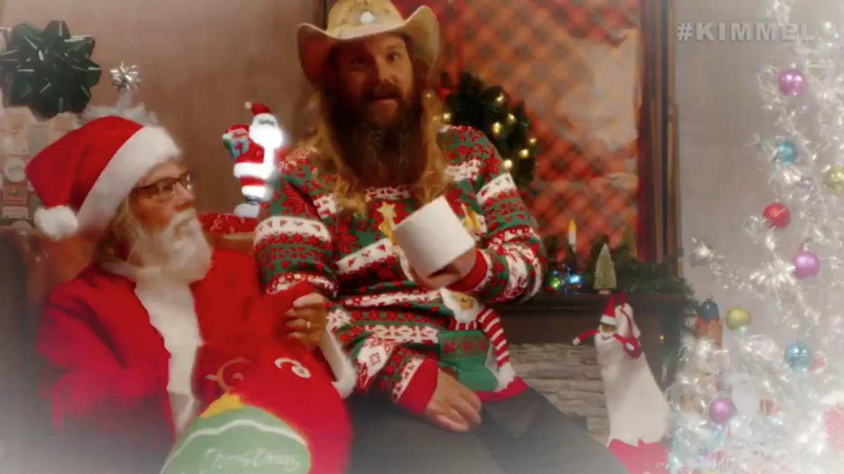 Country singer Chris Stapleton played Christmas classics with a COVID-19 twist for a sketch on “Jimmy Kimmel Live” Wednesday.