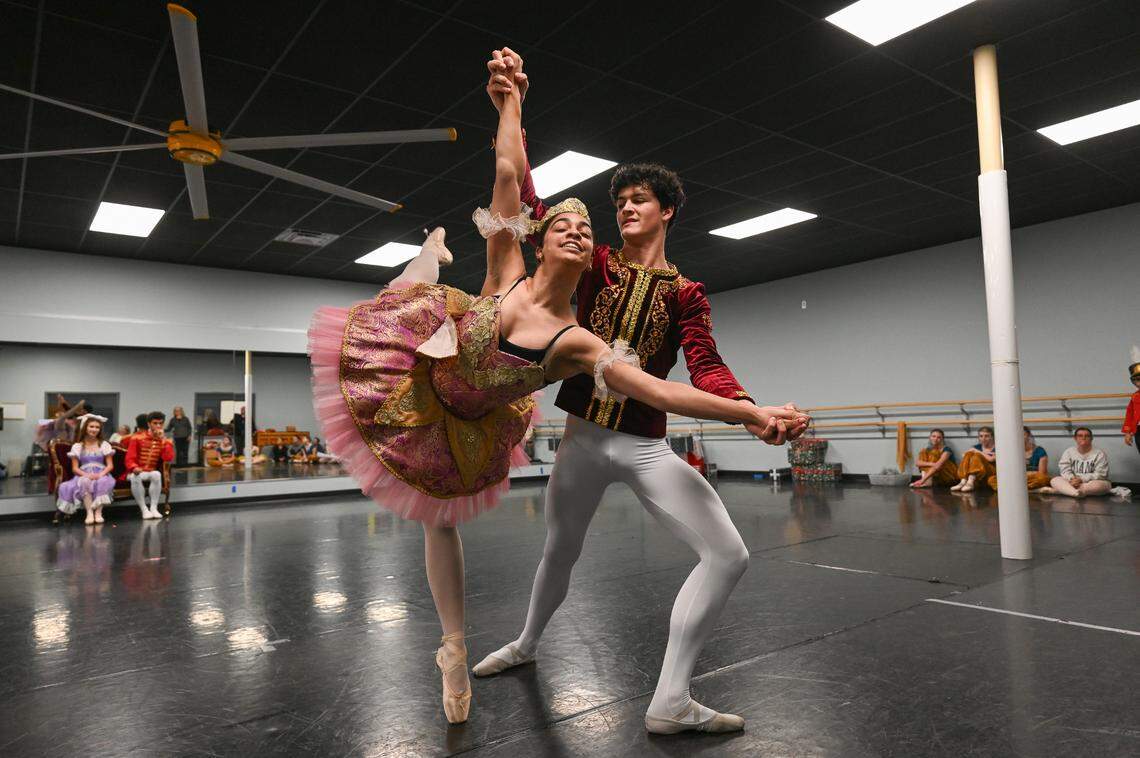 Kayla Chambers-Reed is the Sugar Plum Fairy and Felix Brewster is the Cavalier in BYB’s “Nutcracker in One Act.” Bluegrass Youth Ballet rehearsed for its 2024 edition of “Nutcracker In One Act” at its studios on Southland Drive in Lexington, Kentucky on Dec. 14, 2024.