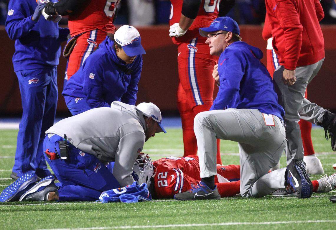 Buffalo running back Damien Harris was aided by medical staff after suffering a neck injury against the New York Giants last Oct. 15 in the Bills’ 14-9 win on “Sunday Night Football.”