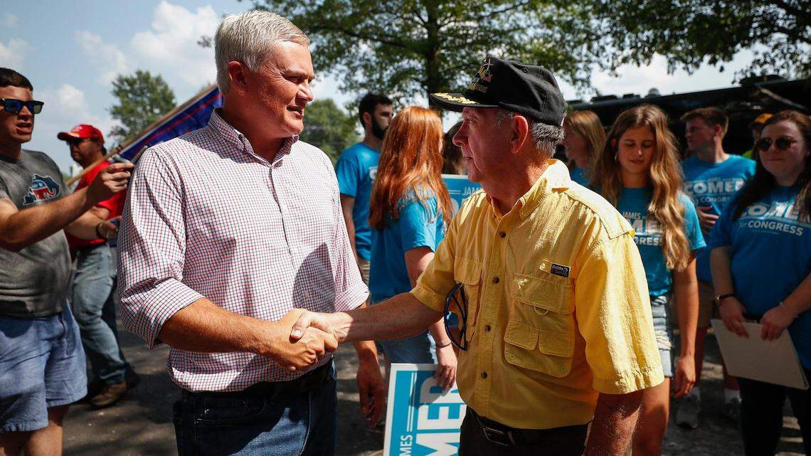 U.S. Rep. James Comer, left, greeted Jim Hagan, of Gilbertsville, Ky., during the 141st Fancy Farm Picnic at St. Jerome Catholic Church in Fancy Farm, Ky., in 2021.