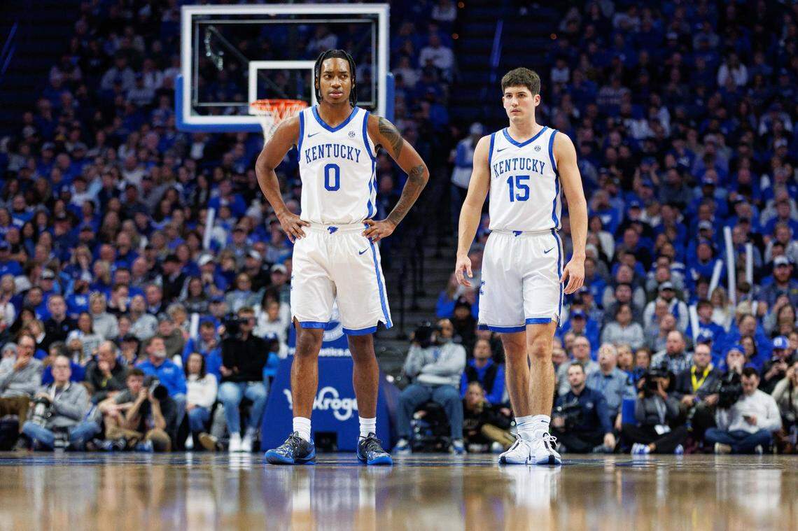 Jan 17, 2024; Lexington, Kentucky, USA; Kentucky Wildcats guards Rob Dillingham (0) and Reed Sheppard (15) stand on the court while a free throw is shot during the second half against the Mississippi State Bulldogs at Rupp Arena at Central Bank Center. Mandatory Credit: Jordan Prather-USA TODAY Sports