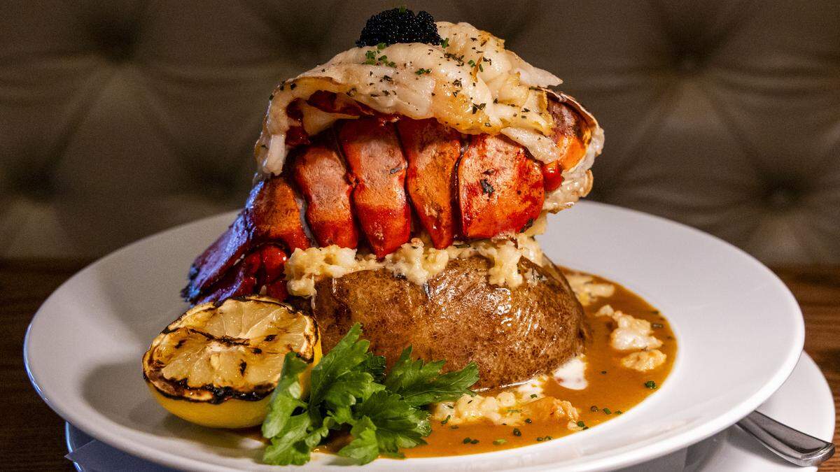 The Millionaire’s Baked Potato ($44) at Carson’s Back Porch. The eye-catching dish has a base of seafood bisque and a baked potato stuffed with shrimp, crab and lobster sautéed in garlic butter and then topped with a crème fraîche, chives, caviar and a lobster tail. 