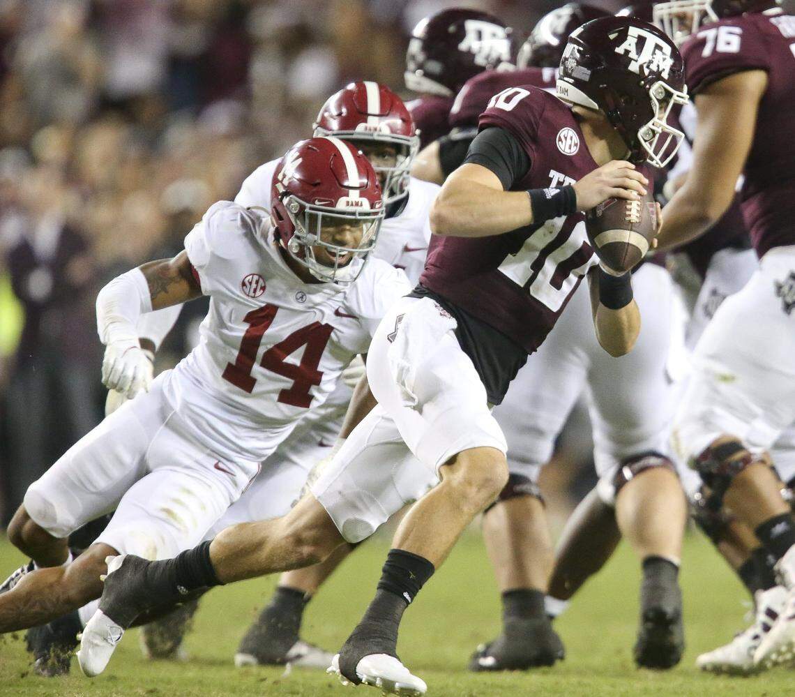 In his time at Texas A&M, new Kentucky quarterback Zach Calzada (10) led the Aggies to a 41-38 upset of No. 1 Alabama on Oct. 9, 2021, in College Station.