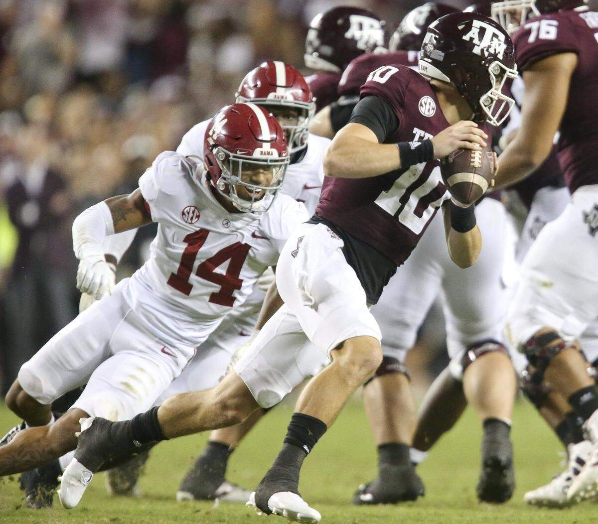 In his time at Texas A&M, new Kentucky quarterback Zach Calzada (10) led the Aggies to a 41-38 upset of No. 1 Alabama on Oct. 9, 2021, in College Station.