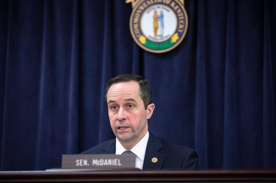 Kentucky Sen. Chris McDaniel, R-Taylor Mill, chairman of the Kentucky Senate Appropriations and Revenue Committee, asks a question during a hearing at the Kentucky state Capitol Annex in Frankfort, Ky., Tuesday, Feb. 11, 2020.