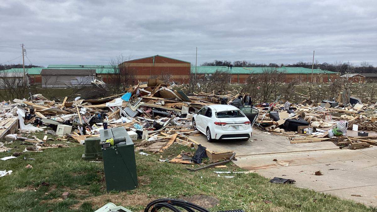 Damage from an EF-3 tornado recorded by a National Weather Service damage survey in Clarksville, Tennessee, just south of the state border with Kentucky.