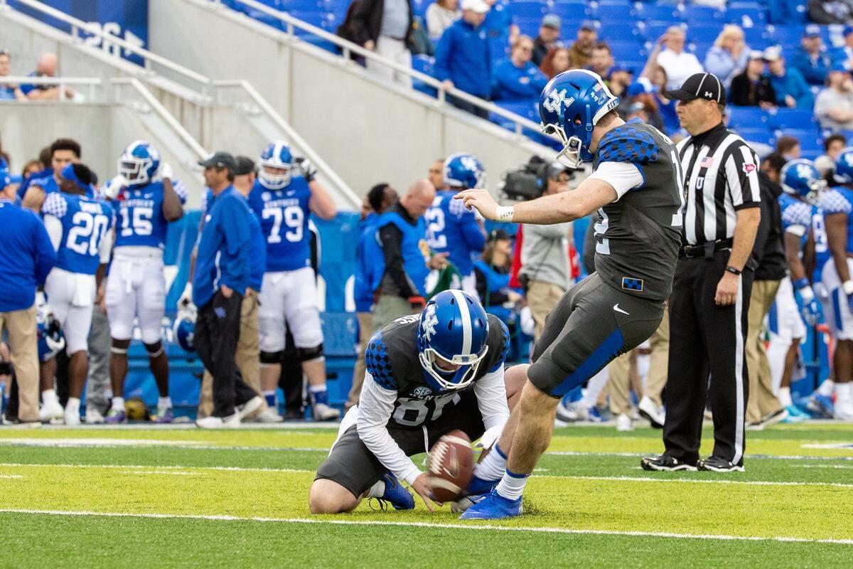 Kentucky place-kicker Chance Poore (12) was named SEC Special Teams Player of the Week after making all six of his place kicks, five extra points and a 28-yard field goal on the final play of the first half, in UK’s 38-35 win over Vanderbilt last week.