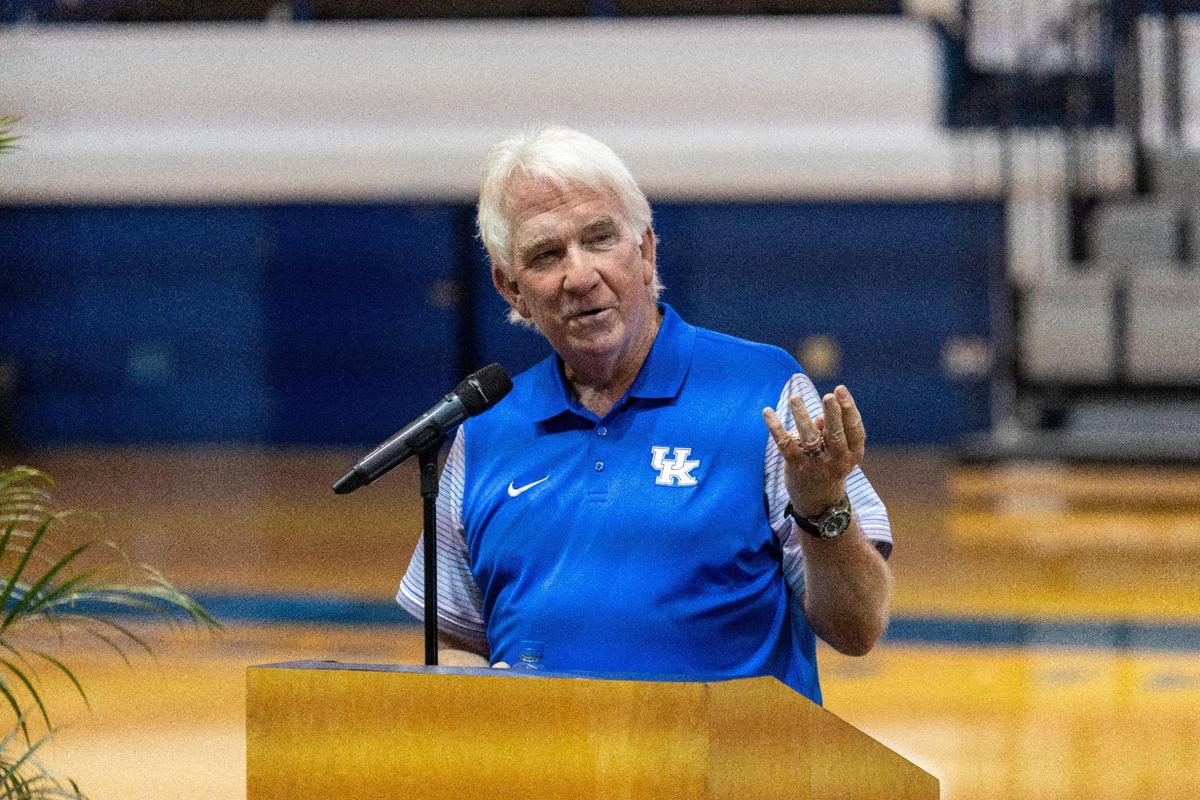 Pat Pratt, brother of former UK basketball player and radio announcer Mike Pratt, speaks at the memorial of Mike at Memorial Coliseum who passed away in June. August 5, 2022.