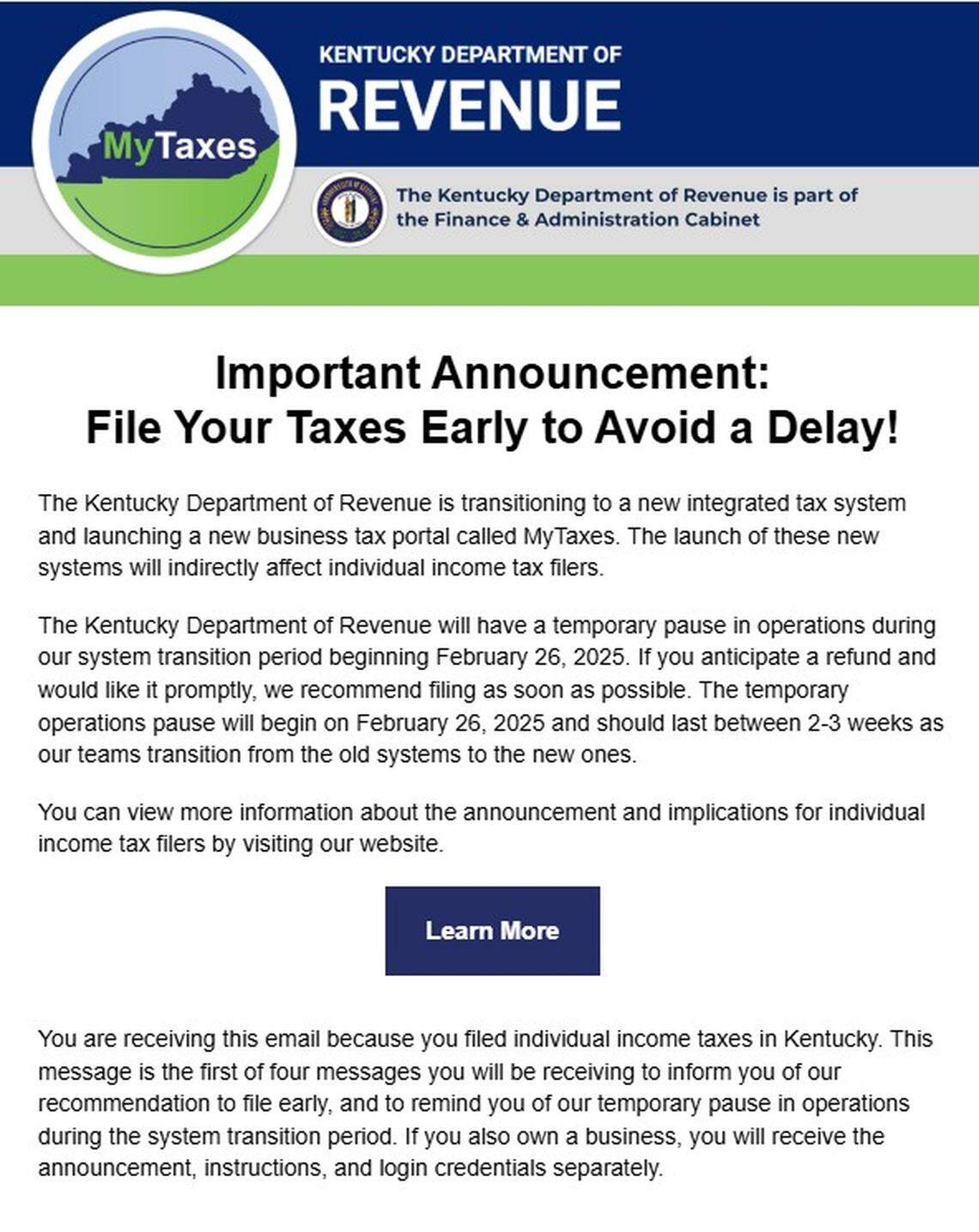 A screen capture of an emailed notice from the Kentucky Department of Revenue alerts filers to a change that could lead to delays during the 2024-25 filing season.