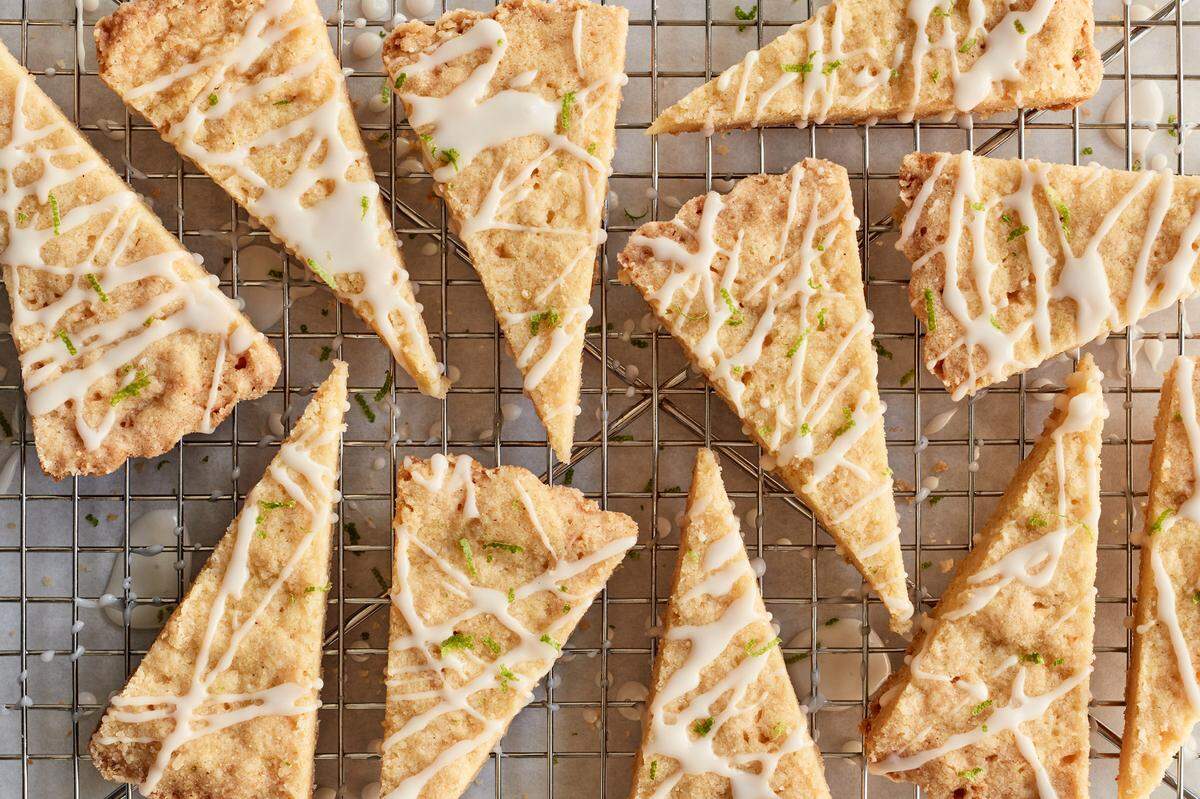Cornmeal lime shortbread fans have a zested lime glaze on them.