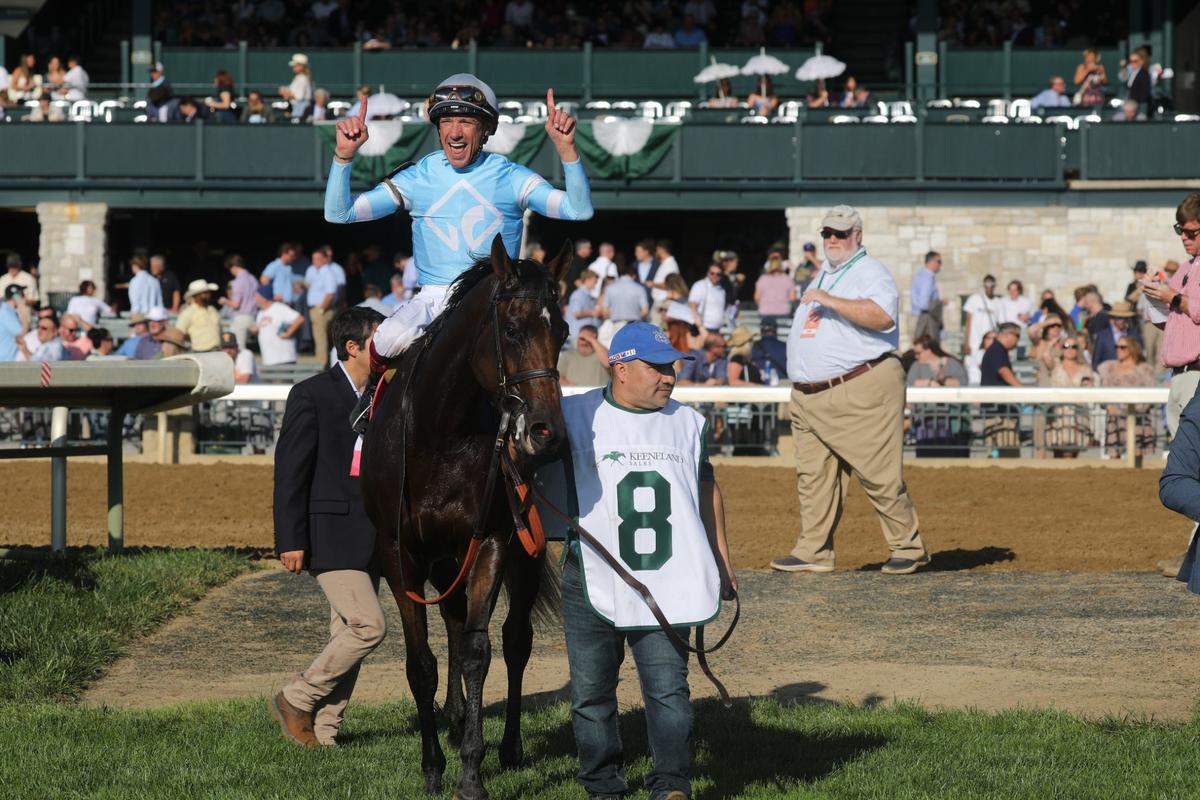 May Day Ready and jockey Frankie Dettori celebrate after winning the Grade 2, $350,000 Jessamine on the opening day of the 2024 Fall Meet at Keeneland Race Course on Oct. 4, 2024, in Lexington, Ky.