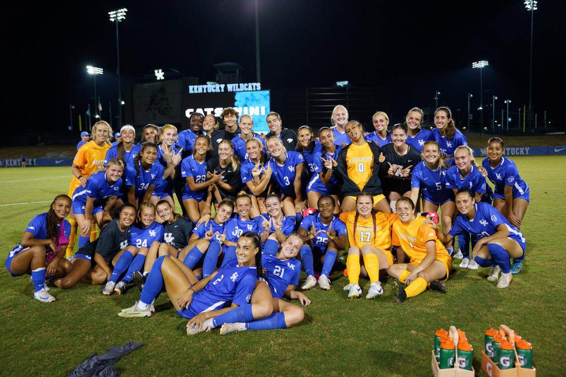 The Kentucky women’s soccer team poses for a victory photo after the Wildcats closed their 2024 nonconference season with a 3-1 home win over Kent State on Friday night at the Wendell and Vickie Bell Soccer Complex.
