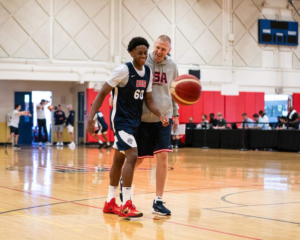 Kentucky’s Mark Pope, right, served as a court coach during a USA Basketball training camp in June in Colorado that was used to determine the United States’ roster for the 2025 FIBA Under-19 World Cup.