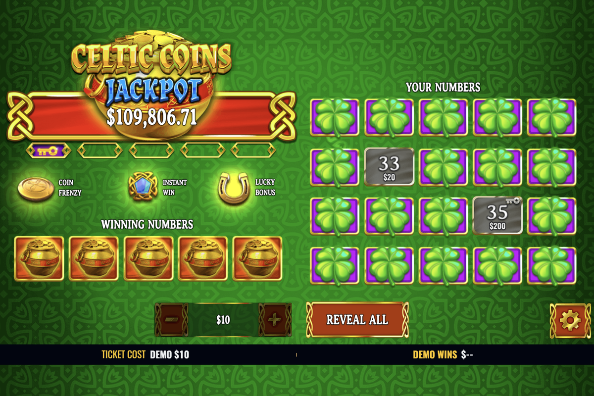 This demo of Celtic Coins Jackpot provides a glimpse of what you would see when playing the instant-win game.