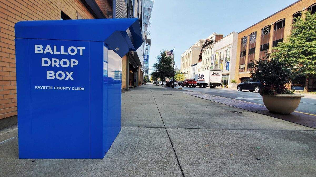 A ballot drop box for absentee ballots prior to the general elections installed on the sidewalk outside of Fayette County Clerk’s office in downtown Lexington. October 6, 2020.