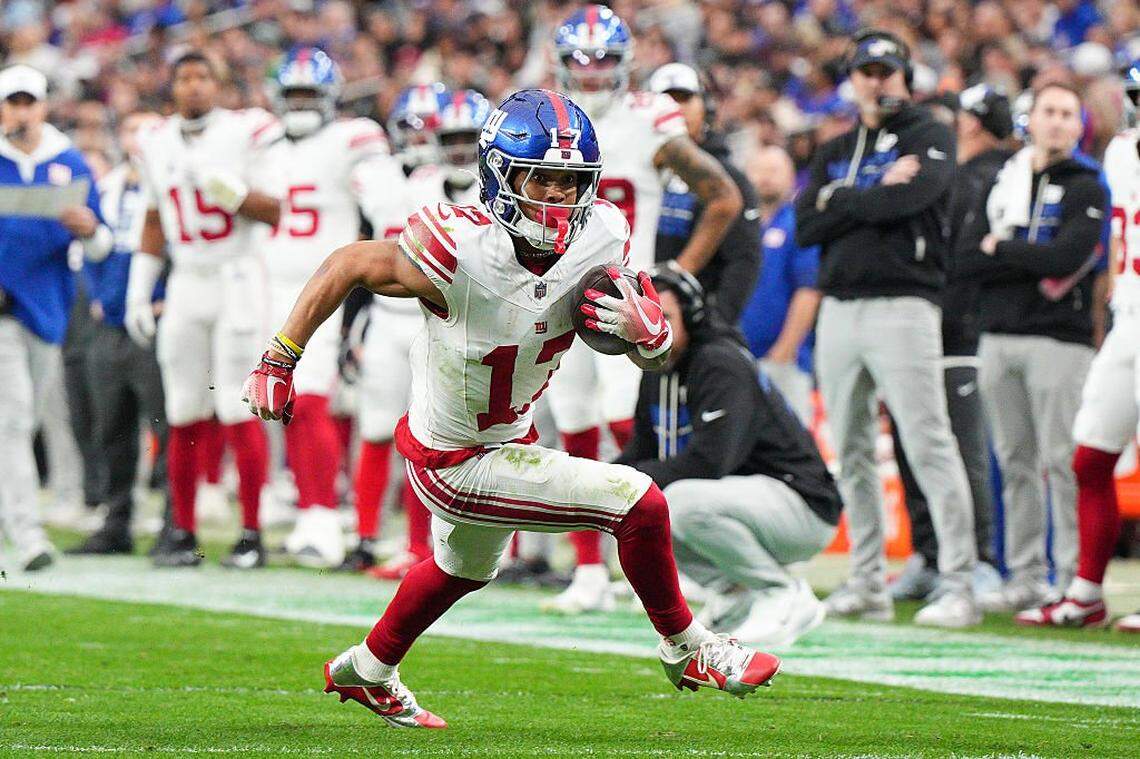 Former Western Hills and Kentucky star Wan'Dale Robinson (17) of the New York Giants finished ninth in the NFL in 2025 in receptions with 92.