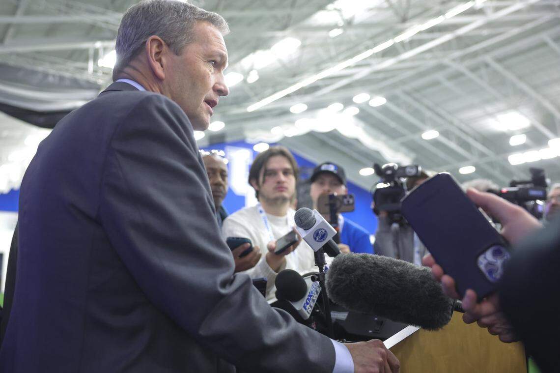 Kentucky athletic director Mitch Barnhart speaks to members of the media following a press conference to announce Will Stein as the new UK football coach at Nutter Field House in Lexington, Ky., on Wednesday, Dec. 3, 2025.