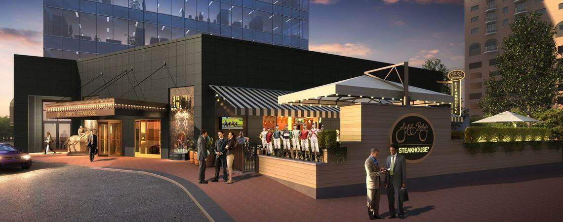 A rendering of the exterior of the new Jeff Ruby’s Steakhouse coming to Lexington shows the equine influences out front, where a bronze statue of a horse and jockey will stand, as well as along the patio on the corner of Vine and Limestone, where jockeys line the wall.
