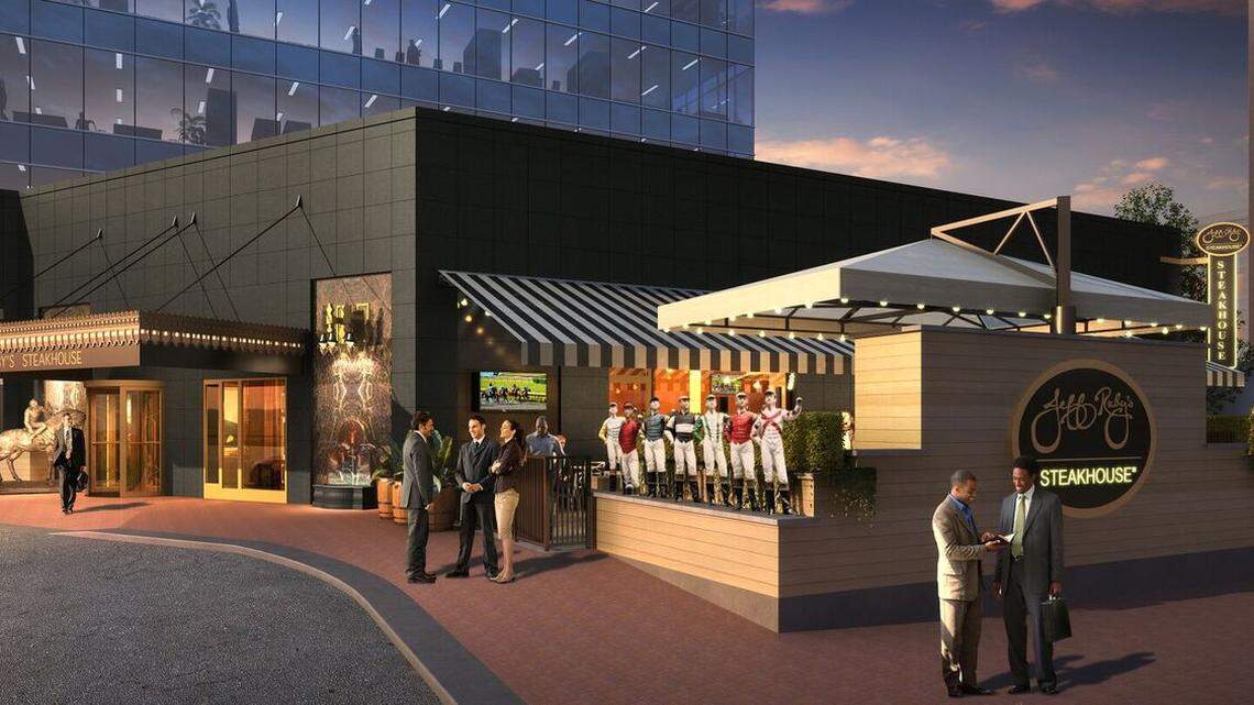 A rendering of the exterior of the new Jeff Ruby’s Steakhouse coming to Lexington shows the equine influences out front, where a bronze statue of a horse and jockey will stand, as well as along the patio on the corner of Vine and Limestone, where jockeys line the wall.